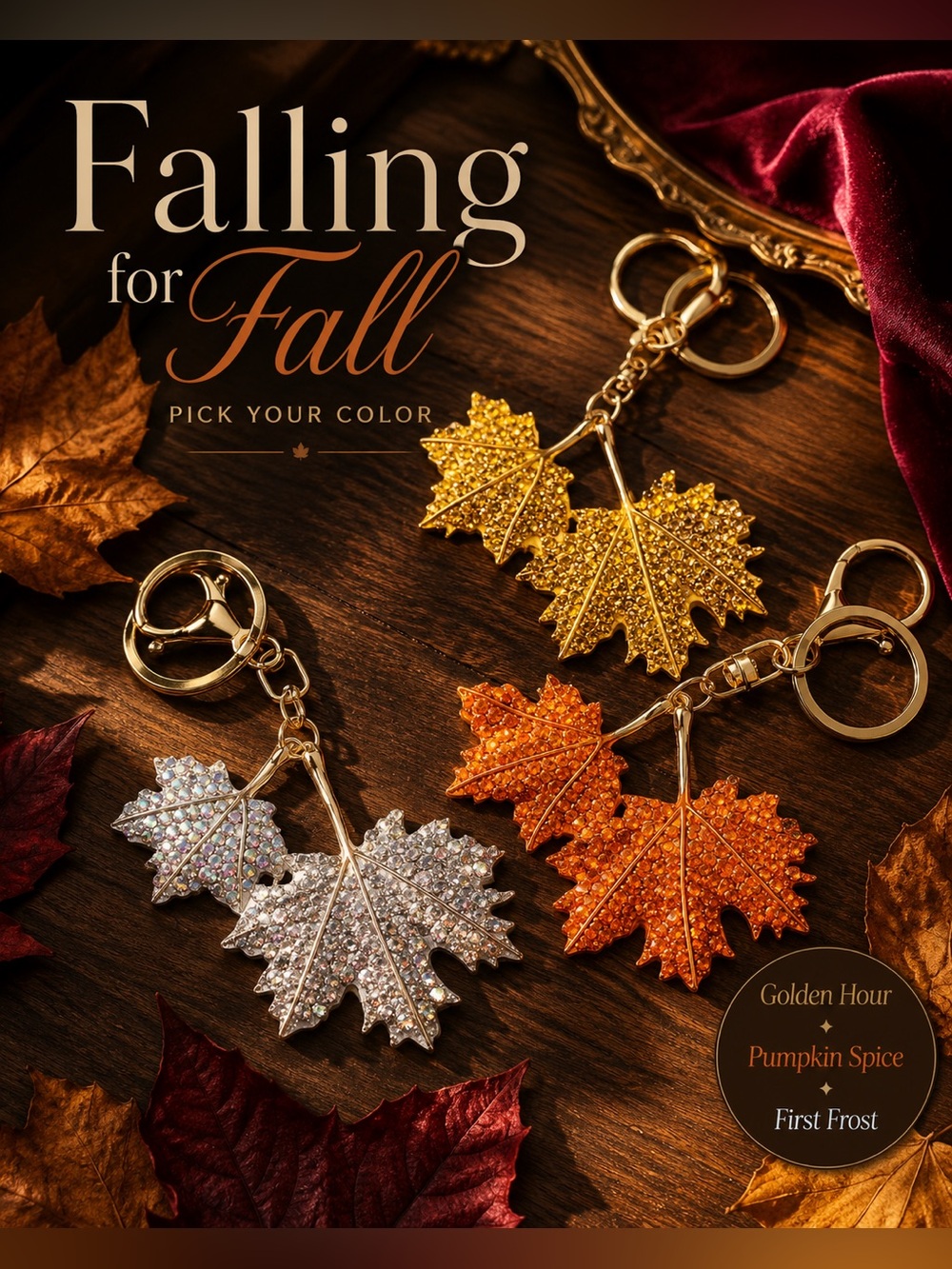 Pumpkin Spice Maple Leaf Keychain - Sparkling Fall Accessory - Picture 7 of 7